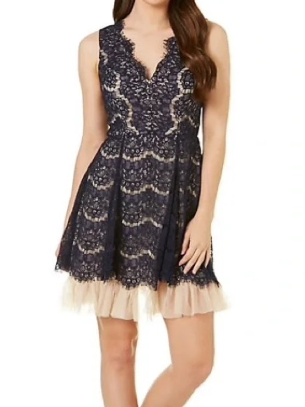 Trixxi Navy And Tan Lace V-Neck A-Line Dress. Pre-Owned.